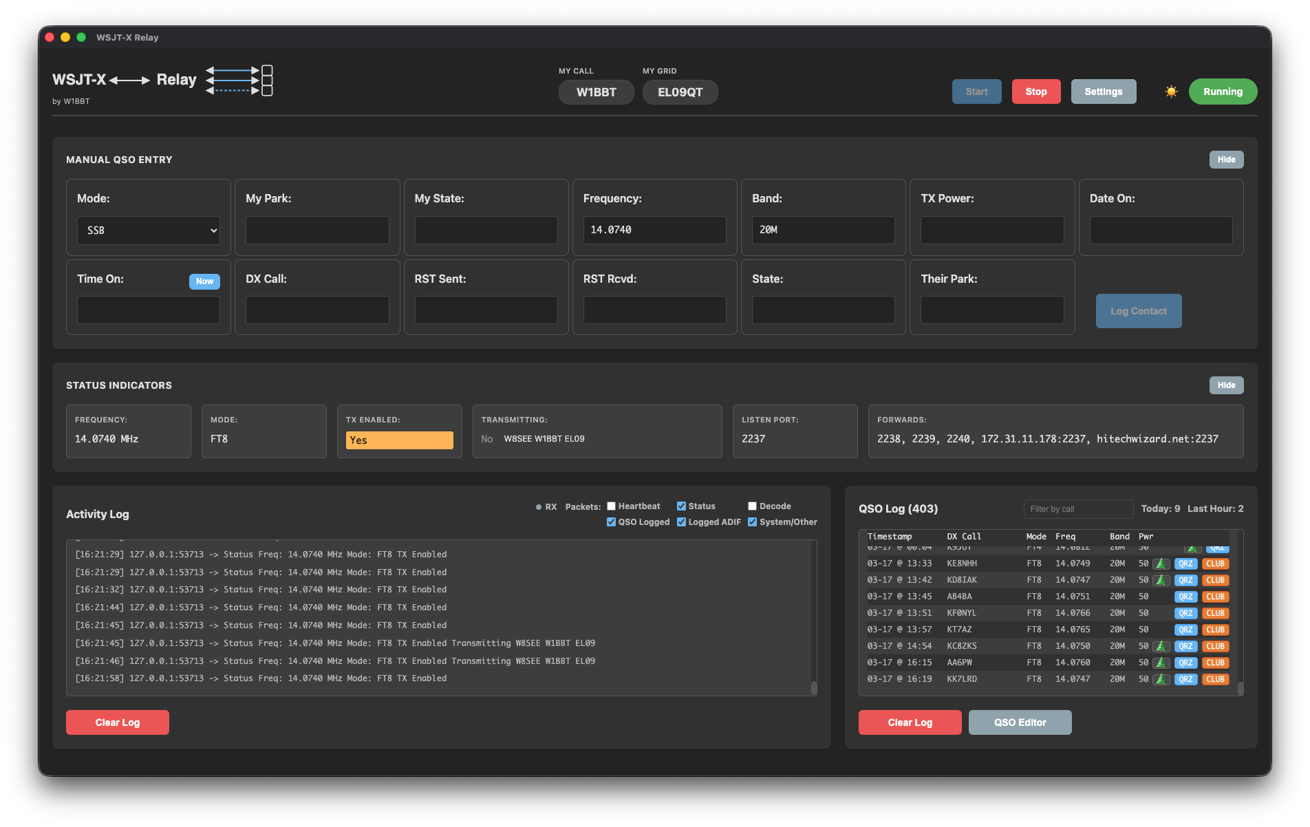 WSJT-X Relay main window while running